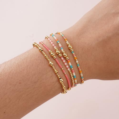 5Pcs Stack Gold Plated Ball Beaded Bracelets Set for Women, Boho Handmade Colorful Glass Pearl Stretch Accessories Jewelry, Summer Beach Daily Wear Holiday Friendship Gift - color: Pink