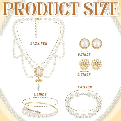 Glenmal Pearl Rhinestone Jewelry Set for Women Pearl Necklace Bracelet Earrings for Wedding Halloween Bridal Shower Tea Party - style: Casual Style