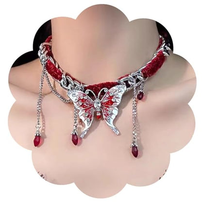 Gothic Black Choker Necklace, Elegant Lace Collar Design, Adjustable Velvet Ribbon, Dark Jewelry for Women, Unique Goth Gifts - style: Red Butterfly