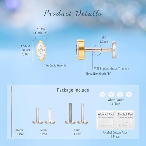 limerencia G23 Hypoallergenic 18g Flat Back Stud Earrings | F136 Implant Grade Titanium Pressfit Threadless Push Pop in Cartilage Helix Labret Lip Monroe Tragus Flat Back Piercing Studs - color: Marquise Gold