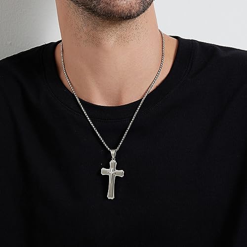 Men's Cross Necklace 316L Stainless Steel Large Heavy Cross Pendant for Men Polished Jewelry Rolo Chain with 22'' 24'' 26'' - color: A-white, size: 22 inch