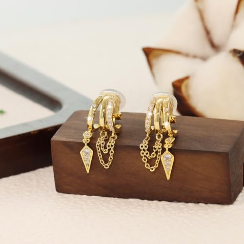 Clip On Earrings for Women Chain Moon Star Cross Hoop Dangle Earring No-Pierced Gold Silver - color: Chain,Gold tone