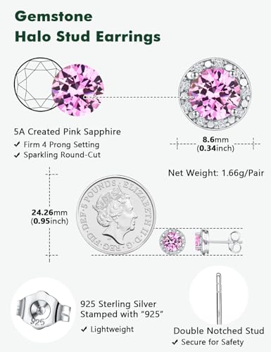 Dainty Birthstone Earrings for Women Sterling Silver Small Stud Earrings with Halo Cushion/Round Created Gemstone Earrings Birthstone Jewelry - style: B 10. Oct./created pink sapphire-round cut