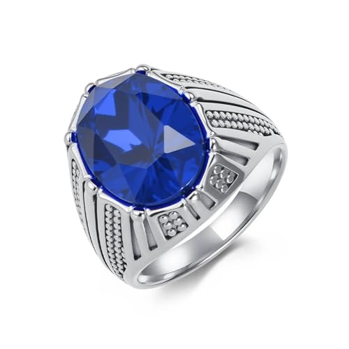 Men Engagement Ring Stainless Steel, 20MM Wide Signet Ring with Oval Blue Glass Stone, Silver, Size 12