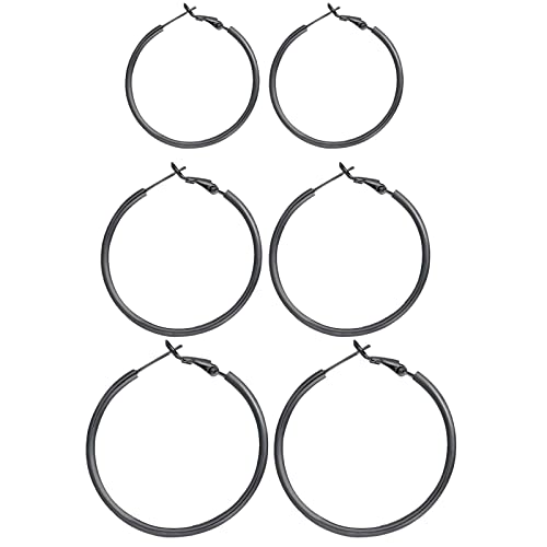 3 Pairs Sterling Silver Large Hoop Earrings Set for Women 40 50 60MM | 14K White Gold Plated, Hypoallergenic - style: D:Black 40mm 50mm 60mm