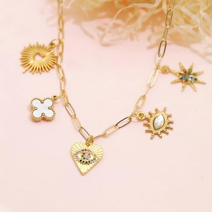 JNF Cute Shell Conch Boho Charm Necklace for Women Sun Moon Star Coin Heart Flower Boot Bow Charms Necklaces Summer Beach Jewelry - color: rhinestone heart star necklace