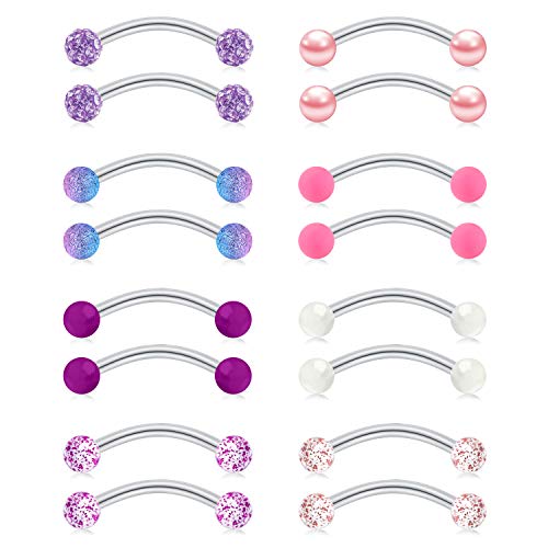 FECTAS 14g Stainless steel Nipple Rings Curved Barbell Piercing Jewelry Petite Belly Button Rings Curved Barbells for Women Men - style: silver-16pcs-2