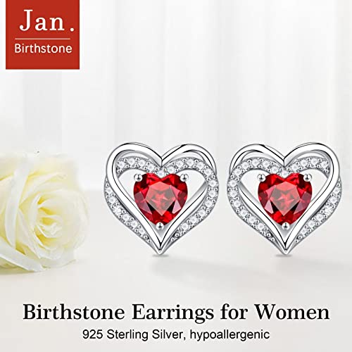 Iefil Birthstone Earrings for Women - 925 Sterling Silver Heart Stud Earrings Birthday Gifts for Women - color: 01-Jan-Created Garnet