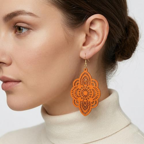 Boho Black Filigree Dangle Earrings for Women, Lightweight Hollow Lace Drop, Wood, 3.34" x 1.69", Bohemian Jewelry - color: Orange