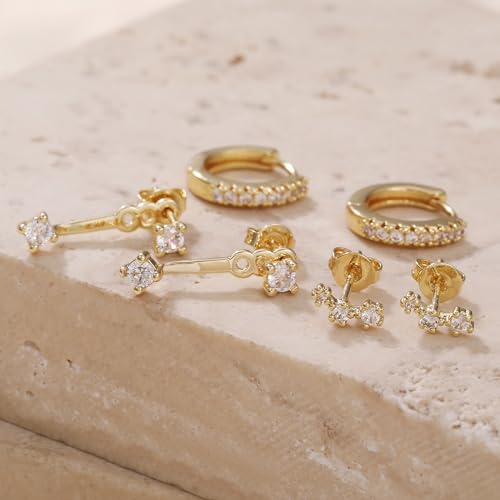 3 Pairs Huggie Hoop Earring Set 18K Gold Plated Cubic Zirconia Cartilage Earrings, Multi Piercings Ear Jacket Earring Climber Stud Earring for Women Everyday Earrings - color: Gold Cubic Zirconia Hoop