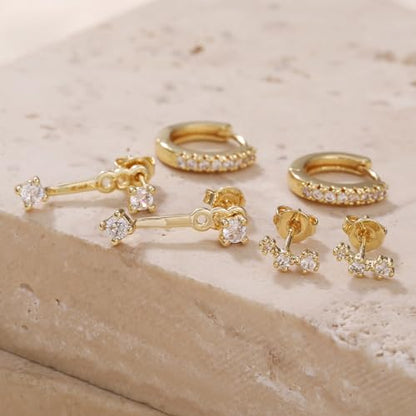 3 Pairs Huggie Hoop Earring Set 18K Gold Plated Cubic Zirconia Cartilage Earrings, Multi Piercings Ear Jacket Earring Climber Stud Earring for Women Everyday Earrings - color: Gold Cubic Zirconia Hoop