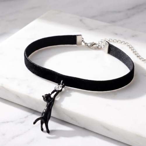Punk Black Velvet Cat Pendant Necklace Cute Crystal Kitty Cat Choker | Rhinestone Kitten Statement Collar Neckband Y2k Kawaii Black Animal Clavie Necklace Adjustable Victorian Velvet Lace Jewelry
