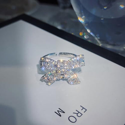 Sparkly Rhinestone Bow Rings for Women Adjustable Cocktail Statement Finge Ring Pave Crystal Bow Open Ring Promise Engagement Wedding Party Jewelry - style: Silver