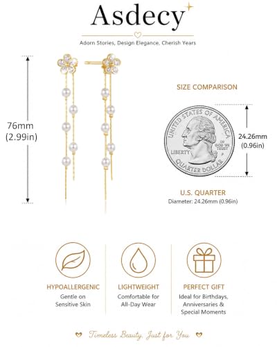 14K Gold Plated/Sterling Silver CZ Pearl Drop Dangle Earrings for Women - color: Gold-Flower Pearl