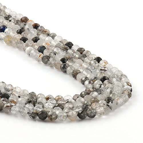 120pcs 3mm Natural Black Rutilated Quartz Gemstone Beads Faceted Round Loose Stone Beads for Jewelry Making (1 Strand) - color: Black Rutilated Quartz, size: 2.8-3.3mm
