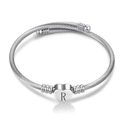 Women Initial Heart A-Z Letter Cuff Bracelet Personalized Name Expandable Wristband Bangle Bracelets Stainless Steel Birthday Jewelry - style: R