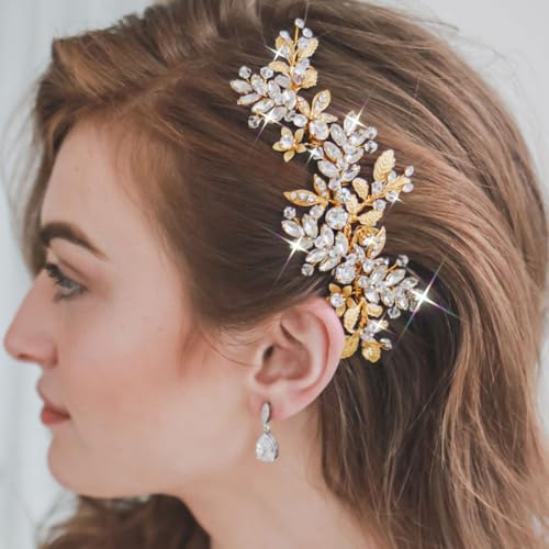 JAKAWIN Bridal Hair Comb Wedding Hair Accessories Rhinestone Hair Clip | Gold Prom Bride Headpiece for Women - color: B Gold