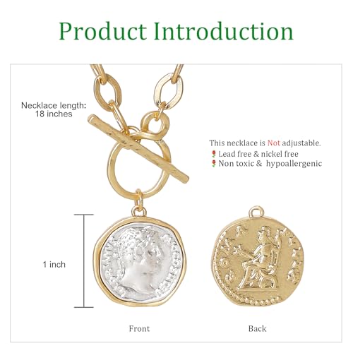 MISS SECRET Chunky Gold Necklaces for Women Coin Statement Necklace Antique Silver and Gold Chain Thick Toggle Pendant Trendy Fashion Jewelry - style: Worn Gold & Sliver-M