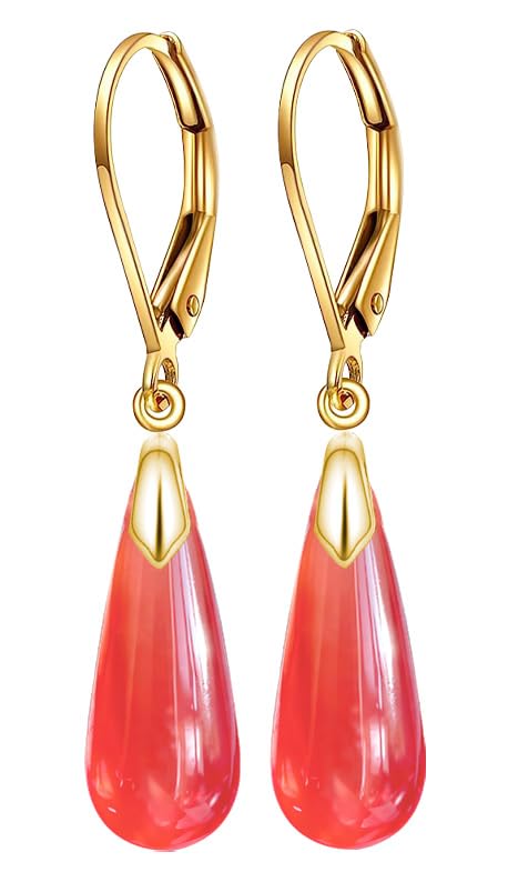 Natural Waterdrop Stone Drop Earrings,Yellow Gold Plated Real Genuine Teardrop Crystal Quartz Gemstone Dangle Earrings for Women Her - color: B04_Red Quartz Jasper
