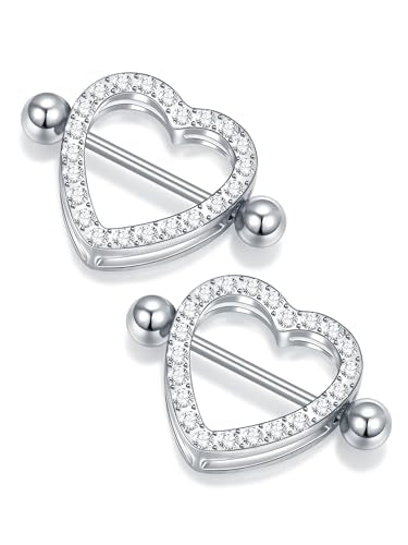 Oveta Heart Nipple Rings Surgical Steel 14G, Cute Internally Threaded Nipple Piercing Jewelry Barbells 14mm for Women, Silver/Gold, 2PCS - color: Clear CZ, Silver