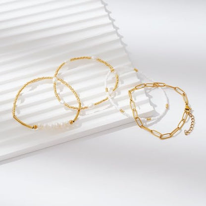 Dainty Gold Plated Pearl Crystal Beaded Bracelets Set for Women 14K Gold Plated Bead Pearl Beads Bracelet Stackable Paperclip Link Chain Bracelets Gold Plated Bracelets for Women Trendy Jewelry - color: Style3-pearl gold bead set