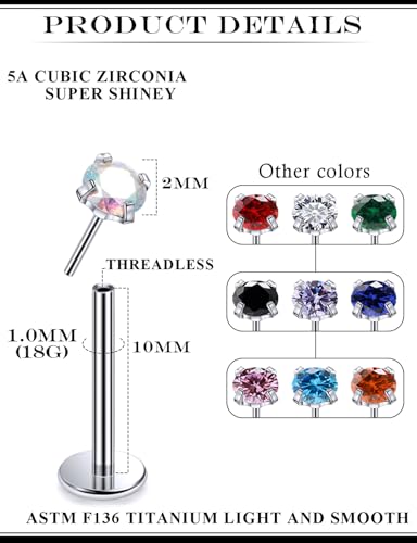 20G 18G 16G Astm F136 Titanium Threadless Flat Back Earrings Nose Studs Tragus Helix Conch Cartilage Lobe Earrings Medusa Labret Snake Bite Monroe Lip Ring Piercing Jewelry For Women Men - size: 18G-10MM Bar-CZ 2MM