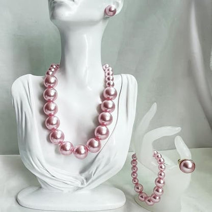 White Faux Pearl Necklace and Earrings Set Big Large Pearl Bead Ball Beaded Choker Necklace Black Pink Pearls Statement Bracelet Ring for Women - color: pink