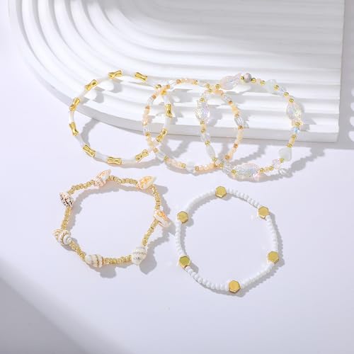 Dainty Gold Plated Pearl Crystal Beaded Bracelets Set for Women 14K Gold Plated Bead Pearl Beads Bracelet Stackable Paperclip Link Chain Bracelets Gold Plated Bracelets for Women Trendy Jewelry - color: Style6 White