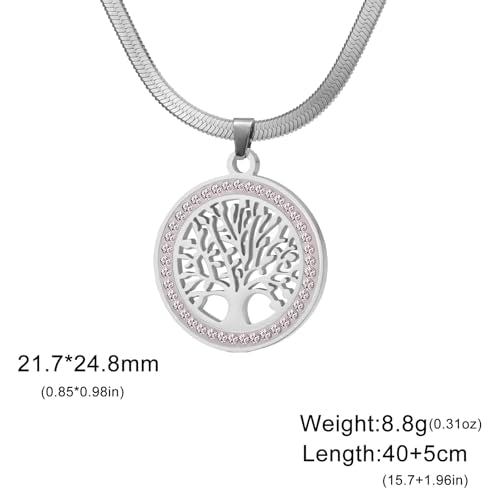 Dreamtimes Tree of Life Necklace for Women Stainless Steel Gold Color Clear Zircon Round Pendant Neck Chains Family Tree Fashion Charm Luxury Jewelry Wedding Gift - color: SILVER-2