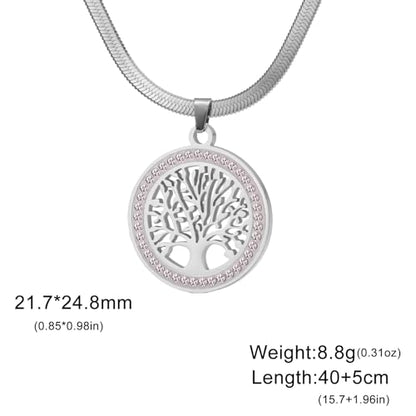Dreamtimes Tree of Life Necklace for Women Stainless Steel Gold Color Clear Zircon Round Pendant Neck Chains Family Tree Fashion Charm Luxury Jewelry Wedding Gift - color: SILVER-2