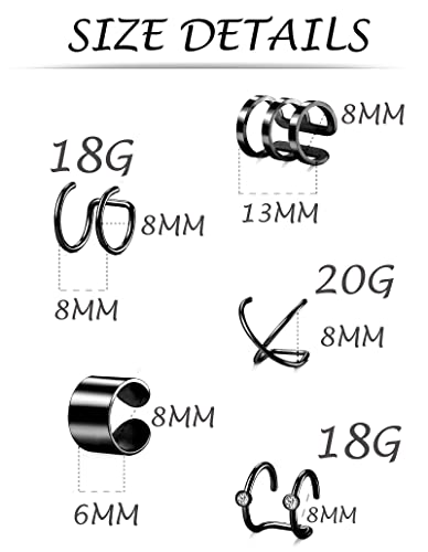 4-10 Pairs Stainless Steel Ear Cuff Helix Cartilage Clip On Wrap Earrings Fake Nose Ring Non-Piercing Adjustable - color: F1:10 Pairs, Silver&Black Tone