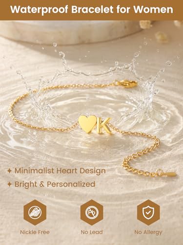 KeyStyle Initial Heart Bracelet for Women Waterproof Stainless Steel Chain | 14K Gold Plated /Silver A-Z Letter Adjustable Charm Bracelet, Hypoallergenic Non Tarnish Dainty Gift for Everyday Wear - color: 14K Gold Plated-Y