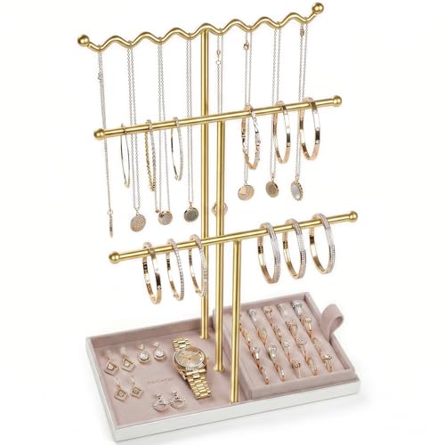 Jewelry Stand Holder Organizer, 3 Tier Bracelet Holder Display with Detachable Velvet Tray, Elegant Jewlery Tower for Display Bracelet, Necklace, Earrings, Rings (Pink) - color: Pink