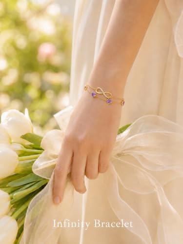 Prismata Infinity Birthstone Charm Link Bracelet/Anklet 925 Sterling Silver Adjustable 12 Months Birthstone Infinity Bracelet/Anklet Birthday Jewelry Gifts for Women Her - color: 02-February, size: 7'+2' Bracelet-18K Gold Plated