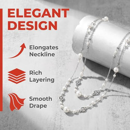 Long Chain Necklaces for Women Pearl Necklaces for Women Long Necklace Dainty Layered Pearl Necklace Statement Sweater Strand Chain Jewelry - color: Silver color