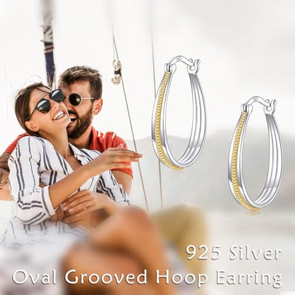 Small Sterling Silver Gold Hoop Earrings Oval Grooved Two Tone Hoops Earrings for Women - color: Two Tone Rope Hoops