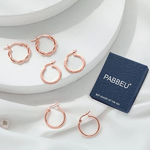 PABBEU 925 Sterling Silver Small Hoop Earrings Set for Women Hypoallergenic | 3Pairs Cubic Zirconia Small Huggie Hoop Earrings Set 13/15/20mm,Nickel-Free Lightweight Comfortable Sleeper Earrings Gift Set - color: 13/15/20mm HMT Rose Gold