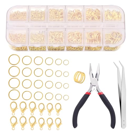 1503Pcs Gold Jump Rings for Jewelry Making Supplies Necklace Clasps Kit with Open Tools Pliers Tweezers and Lobster Clasps for Jewelry Tools Repair Kit - color: gold11