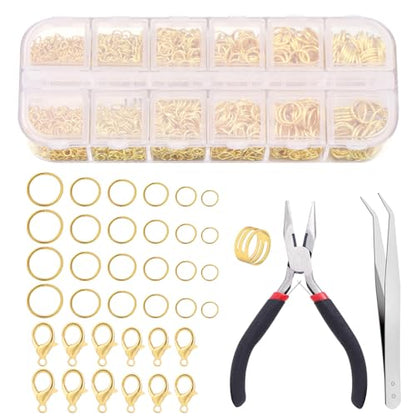 1503Pcs Gold Jump Rings for Jewelry Making Supplies Necklace Clasps Kit with Open Tools Pliers Tweezers and Lobster Clasps for Jewelry Tools Repair Kit - color: gold11