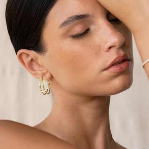 Large Thin Double Hoop Earrings for Women Lightweight Hypoallergenic 925 Sterling Silver Post 14K Gold Hoops Non Tarnish Sturdy Big Thin Double Layered Hoop Earrings 30/40/50/60mm - color: Gold, size: 30mm