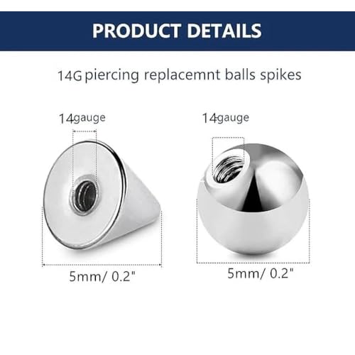 80pcs 16G/14G 316L Surgical Steel Piercing Balls Spikes for Externally Threaded Piercing Jewelry Men Women Piercing Barbell Parts for Eyebrow Nose Ear Lip Tongue Nipple Navel Belly Body Jewelry - size: 14G-5mm
