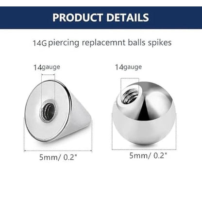 80pcs 16G/14G 316L Surgical Steel Piercing Balls Spikes for Externally Threaded Piercing Jewelry Men Women Piercing Barbell Parts for Eyebrow Nose Ear Lip Tongue Nipple Navel Belly Body Jewelry - size: 14G-5mm