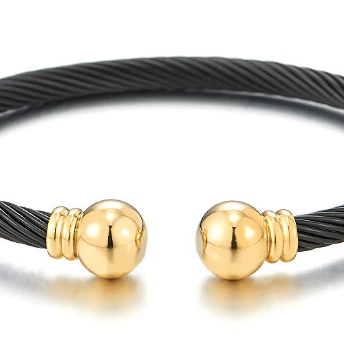 COOLSTEELANDBEYOND Elastic Adjustable Stainless Steel Cuff Bangle Bracelet for Mens Womens - color: C-Metal Color: Gold & Black