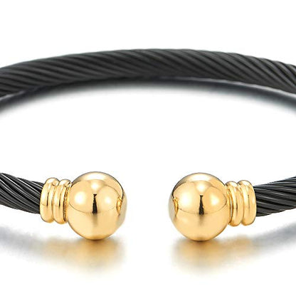 COOLSTEELANDBEYOND Elastic Adjustable Stainless Steel Cuff Bangle Bracelet for Mens Womens - color: C-Metal Color: Gold & Black