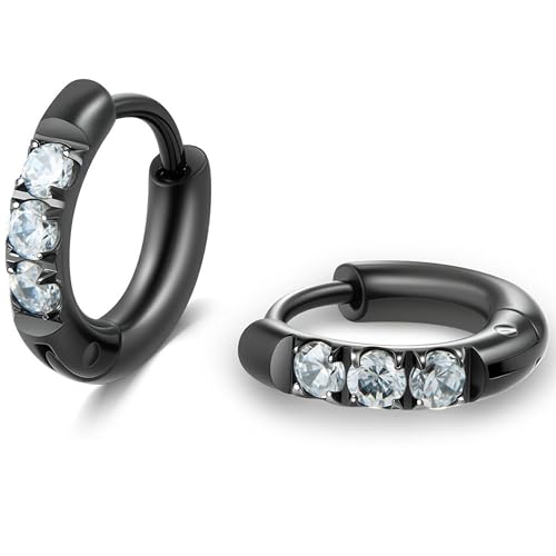 Hypoallergenic Unisex Surgical Steel Small Cubic Zirconia Huggie Hoop Earring, Color Gold - Silver - Rose Gold - Black - Rainbow, Size 6mm- 12mm Safe for Sensitive Ear - style: A01 : 6MM Black Hoops(2mm thickness)