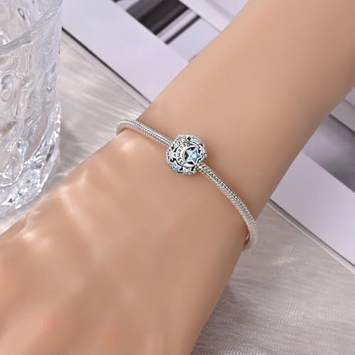 925 Sterling Silver Birthstone Star & Moon Bead Charms with Cubic Zirconia | 12 Months Birthstones, Compatible with Pandora & European Bead Charms Bracelets,Celestial Birthday Jewelry Gift for Women - color: December Birthstone Charm