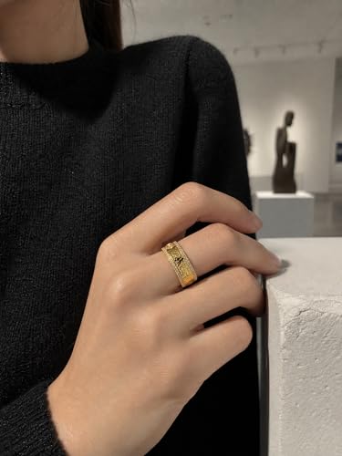 Heavy Solid 925 Sterling Silver, Band Ring for Women, Adjustable (Sizes 6–9) Open, weight 3.7g, Statement Ring with Dual Micro-Pave Stones - color: Gold