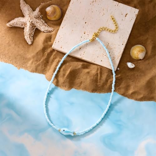 Seed Bead Choker Necklace for Women Bohemian Tiny Beads Choker Colorful Rice Bead Starfish Choker Summer Surfer Beach Necklace Jewelry Gift - color: E-Light Blue Fish