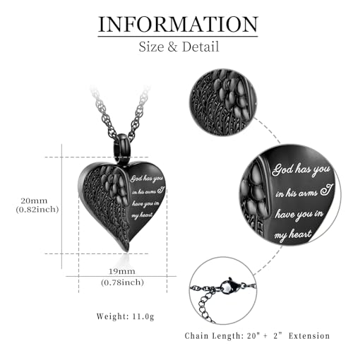 shajwo Cremation Heart Urn Necklace Ashes Jewelry for Women Men Keepsake Pendant Memorial Locket Ash Holder - color: Wing-G1 Black