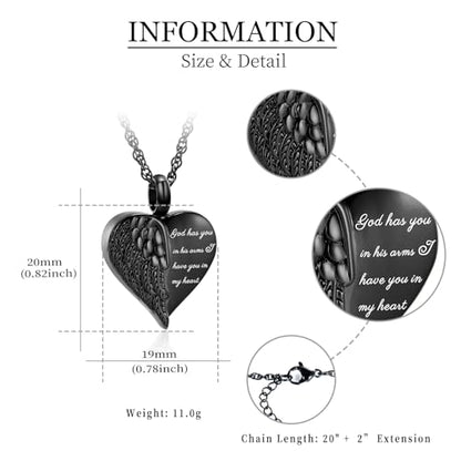 shajwo Cremation Heart Urn Necklace Ashes Jewelry for Women Men Keepsake Pendant Memorial Locket Ash Holder - color: Wing-G1 Black